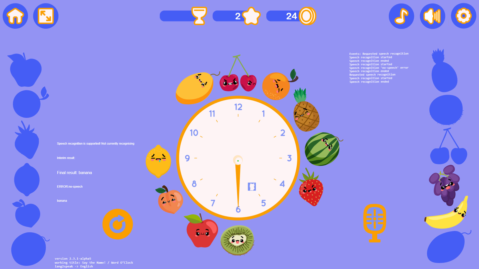 Word O'Clock - An innovative educational game combining time-telling and English vocabulary learning. Features speech recognition, animated fruits, and interactive clock interface perfect for young language learners