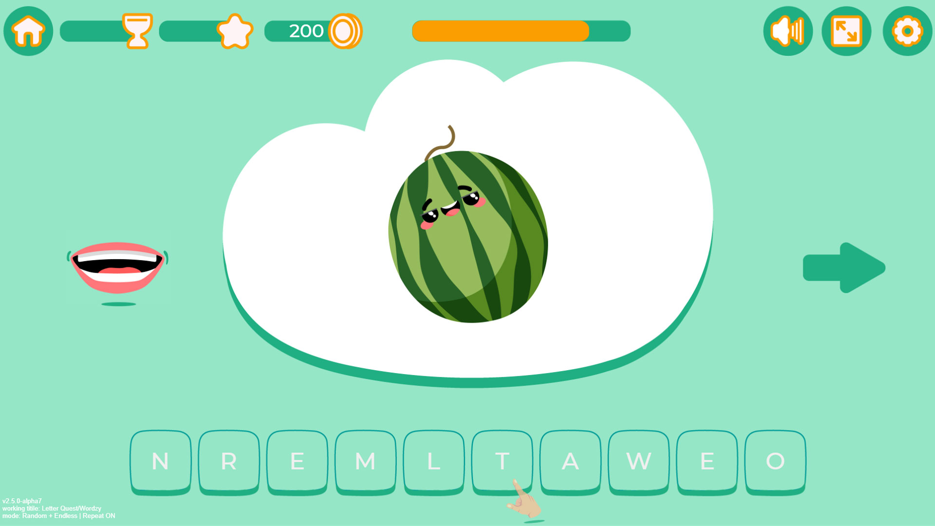 Wordzy/Letter Quest - An engaging educational game combining spelling practice with fruit vocabulary. Features cute animated characters, letter arrangement challenges, and reward system for young learners.